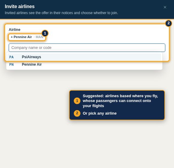 Inviting airlines: suggested airlines whose passengers can connect onto yours