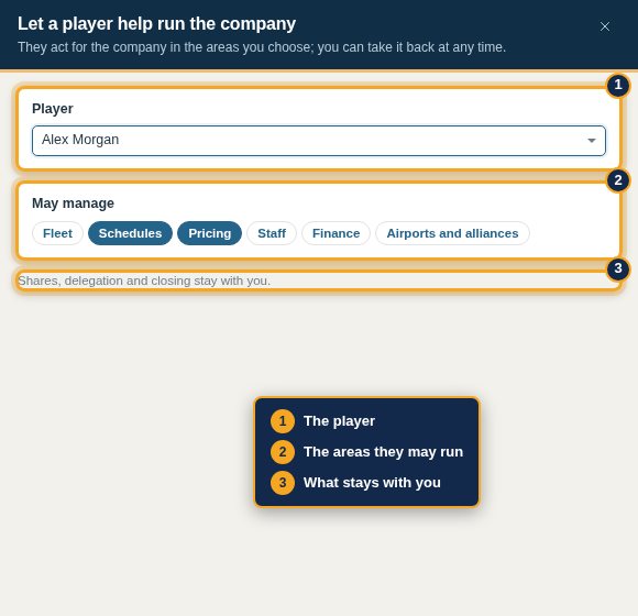 Letting a player help run the company in chosen areas