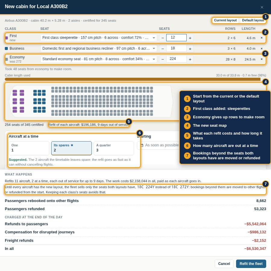 A new cabin for a fleet: first class added, economy giving up rows, the seat map and what the refit does