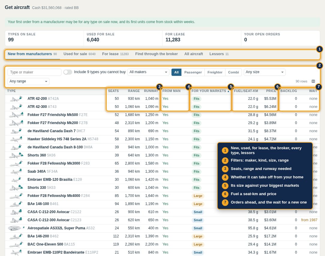 Get aircraft, with the tabs, filters and columns marked