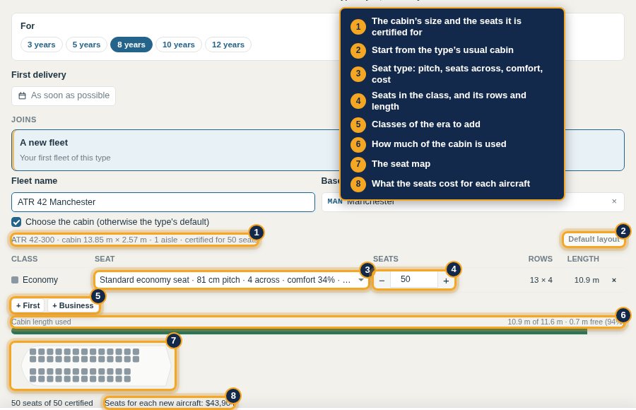 The cabin editor: classes, seat types, rows and the seat map