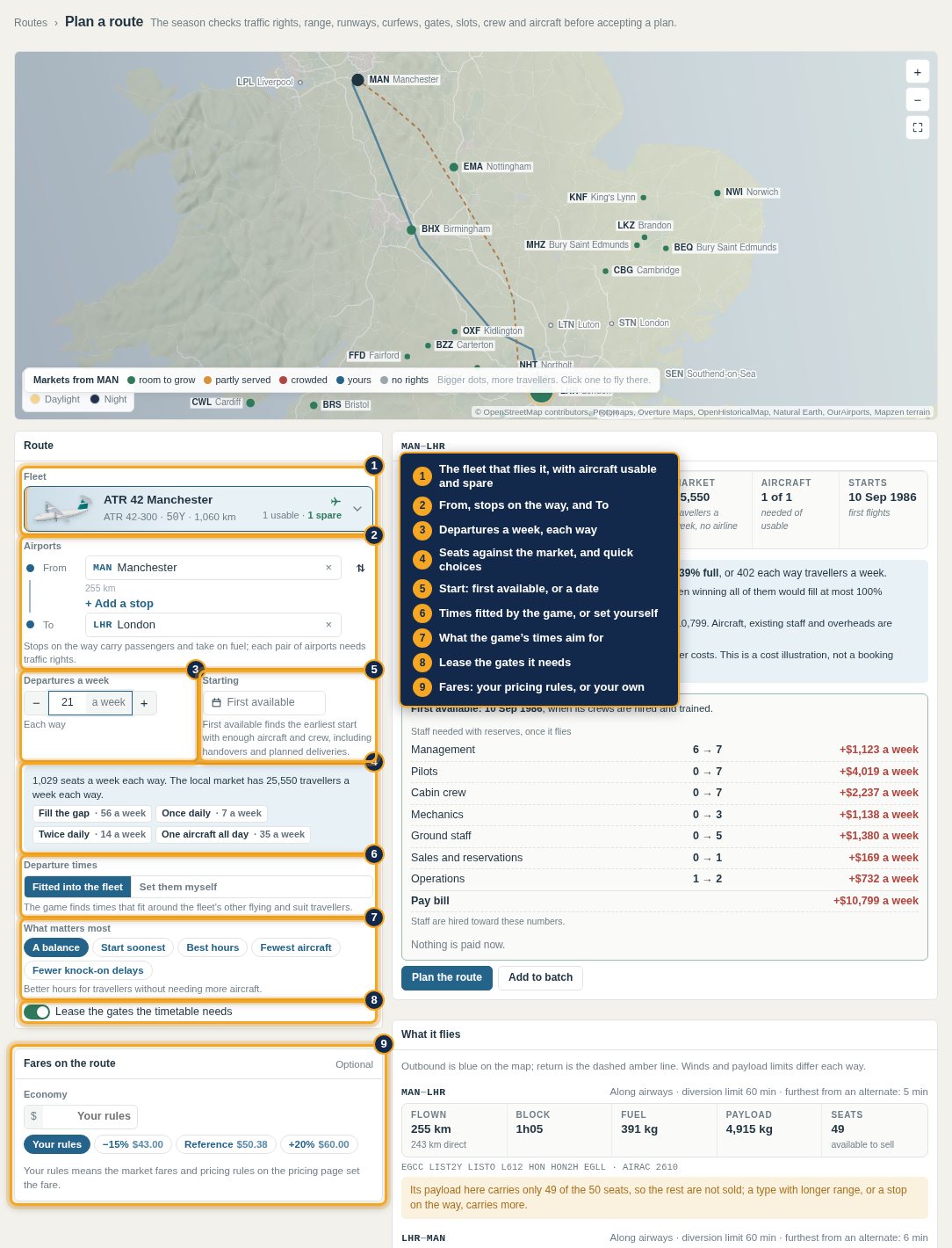 The route planner's form, with each part marked