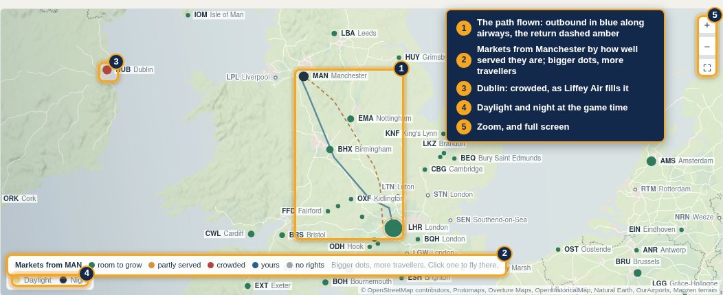 The planner's map: the path flown, markets from Manchester by how well served they are, daylight and night