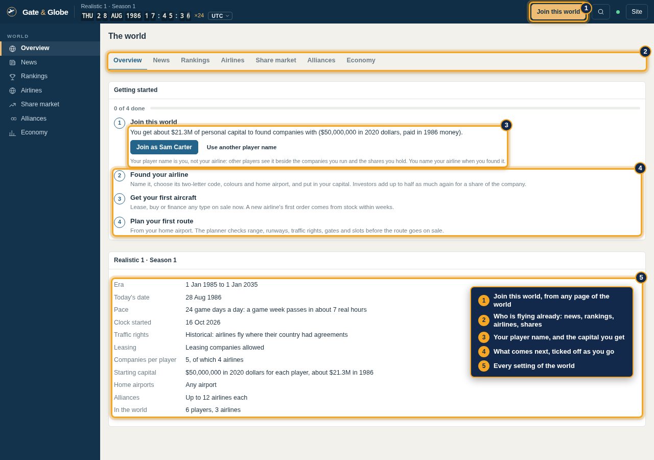 A world's Overview before joining: Getting started with the join form, and every setting of the world