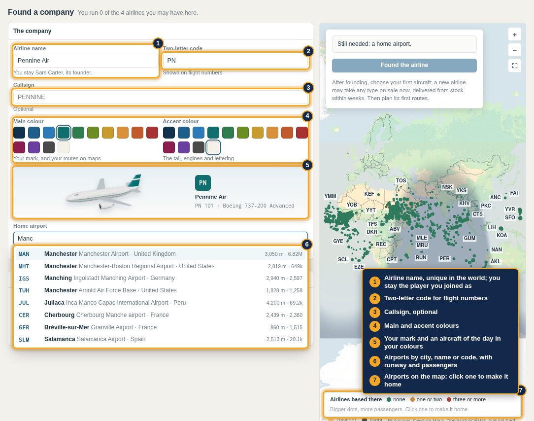 The founding form: name, code, callsign, colours, a livery preview and the home airport search