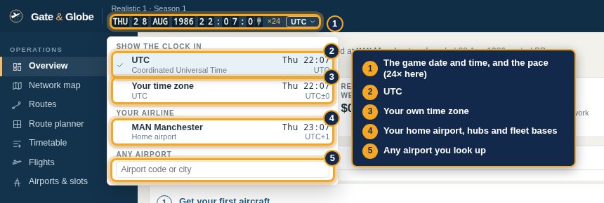 The clock's menu: UTC, your own time zone, your home airport, and any airport