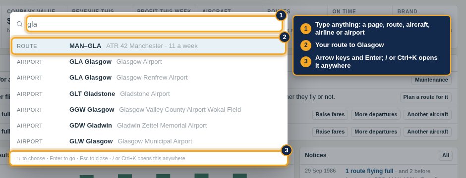 Go to, searching for gla: the route to Glasgow first, then airports