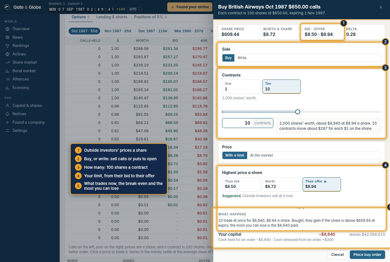 Buying calls: side, contracts, your limit, and what trades now, the break-even and the most you can lose