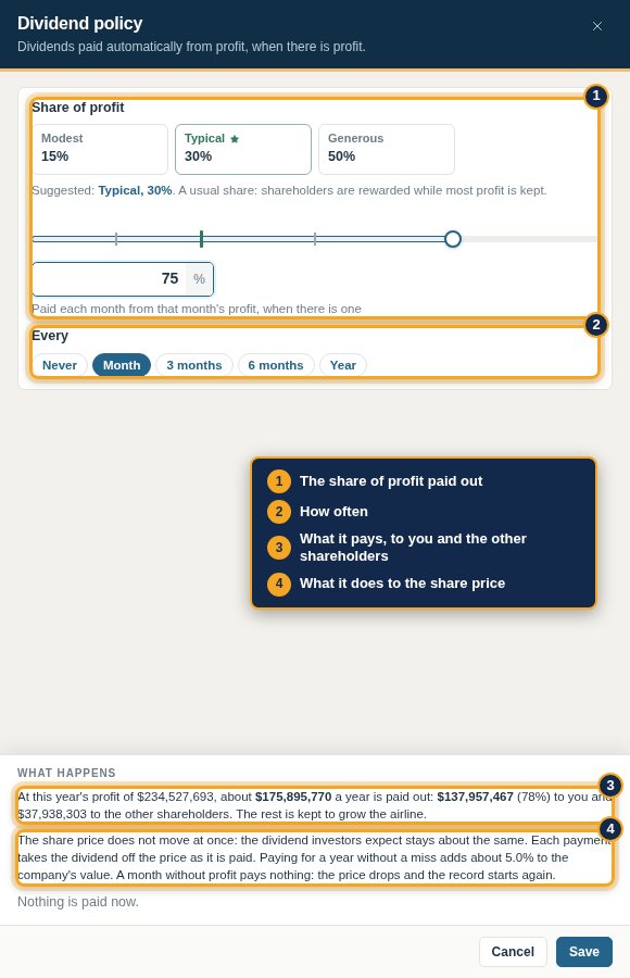 A dividend policy: share of profit, how often, what it pays and what it does to the price