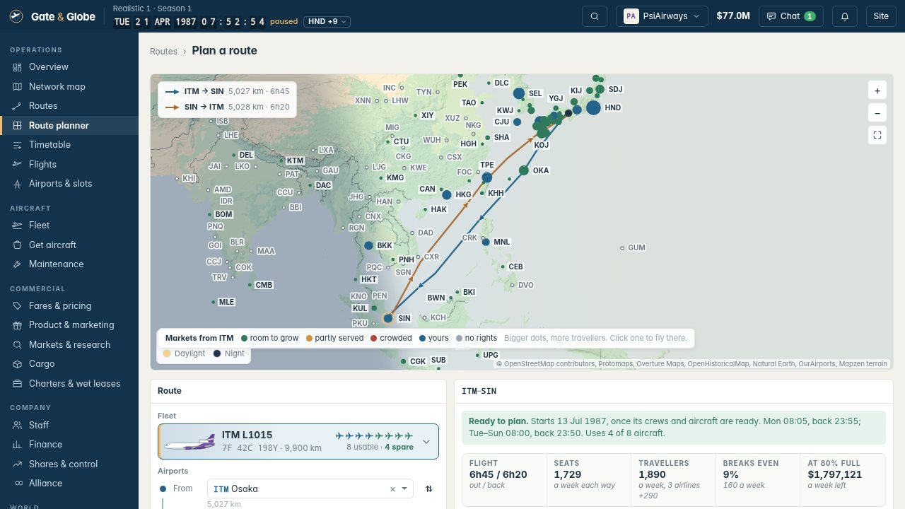 The route planner with Osaka to Singapore drawn along airways each way, with seats, travellers and break-even load